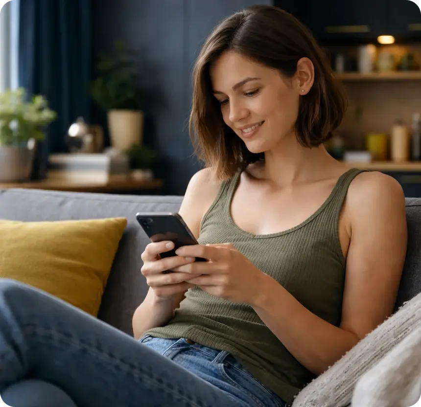 Jovem mulher sorrindo usando celular em casa, sentada no sofá, ambiente moderno e aconchegante, com decoração decorativa na cozinha ao fundo. Jovem mulher sorrindo usando celular em casa, sentada no sofá, ambiente moderno e aconchegante, com decoração decorativa na cozinha ao fundo.